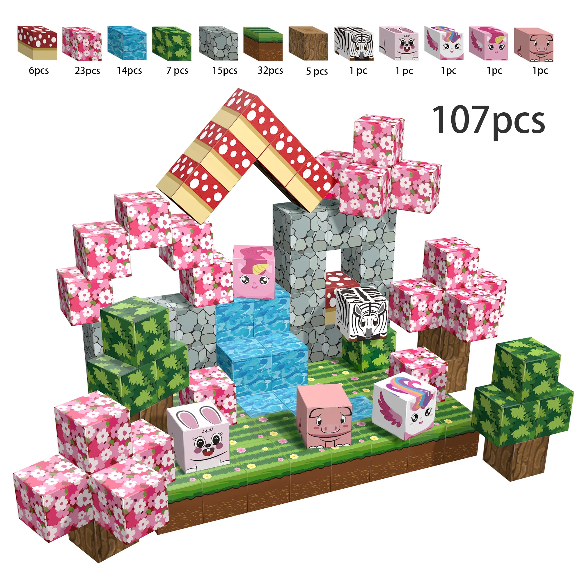 107PCS Cute Animals Sakura Series STEM Educational Toy Magnetic Building Blocks
