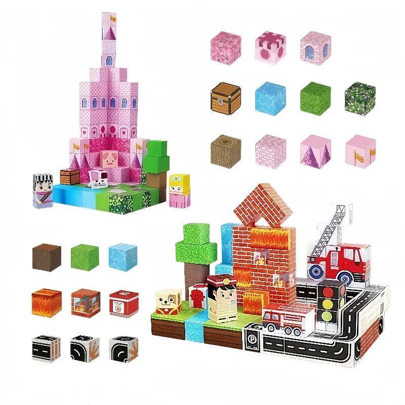 DIY Pink Castle & City Firefighter Street View Magnet Set Toy for Kids – Magnetic Building Blocks