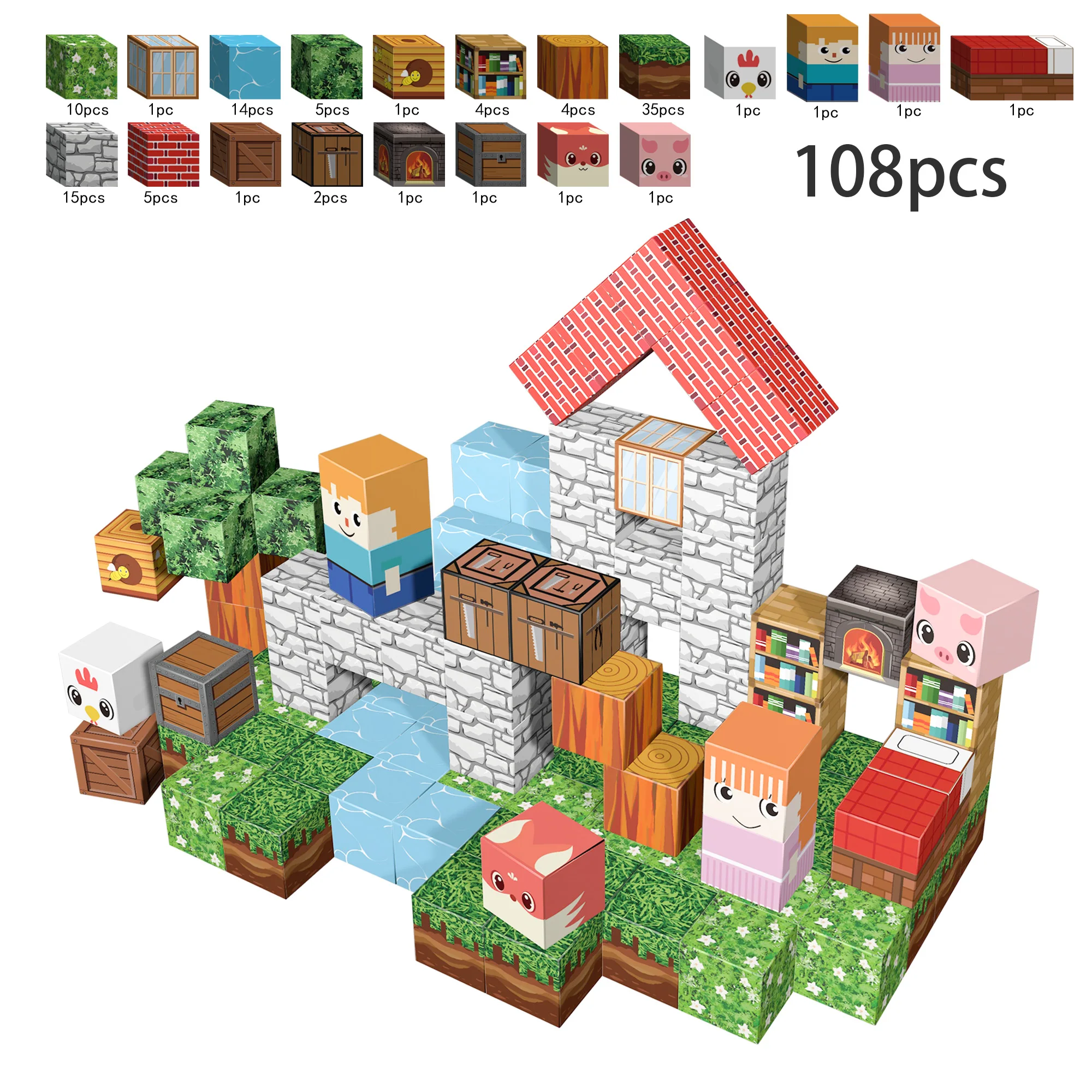 108PCS 3D House Construction STEM Toys with Animals & Figures Magnetic Building Blocks