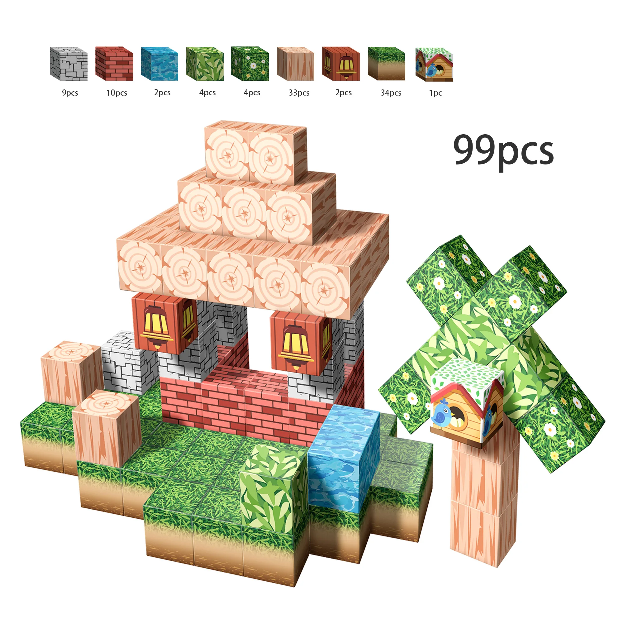 99PCS Creative Mini Cottage & Bird Nest STEM Montessori Set Magnetic Building Blocks
